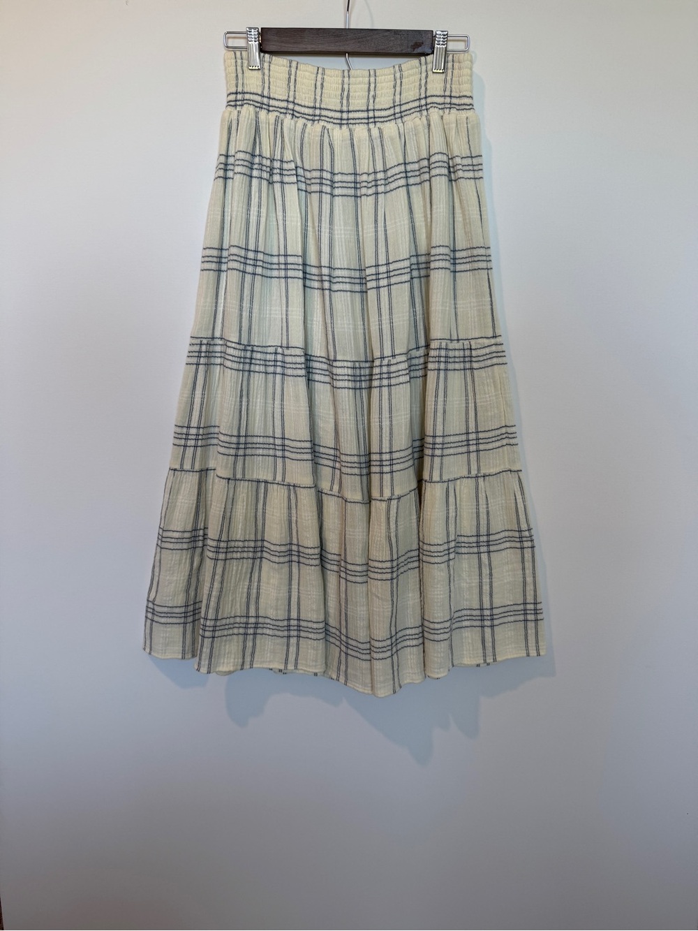 Faherty Women Small Dune Organic Cotton Gauze Woodstock Skirt Ivory, Blue plaid